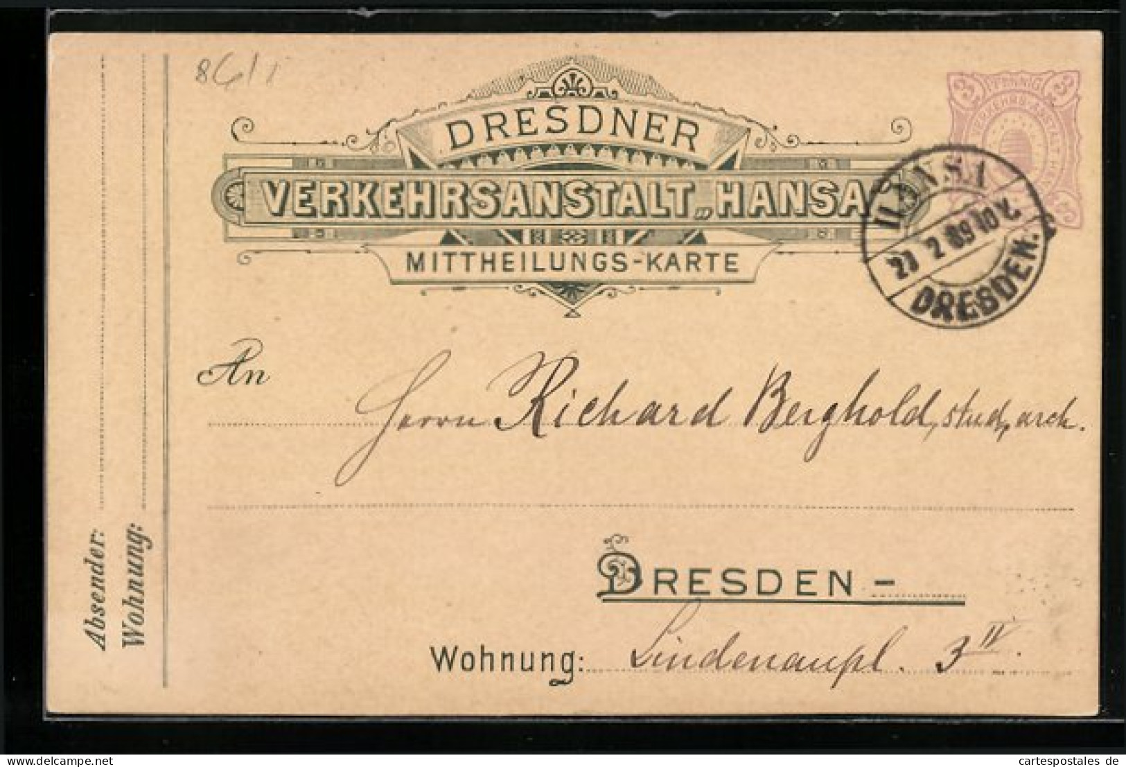 AK Dresden, Dresdner Verkehrsanstalt Hansa, Mittheilungs-Karte, Private Stadtpost  - Briefmarken (Abbildungen)