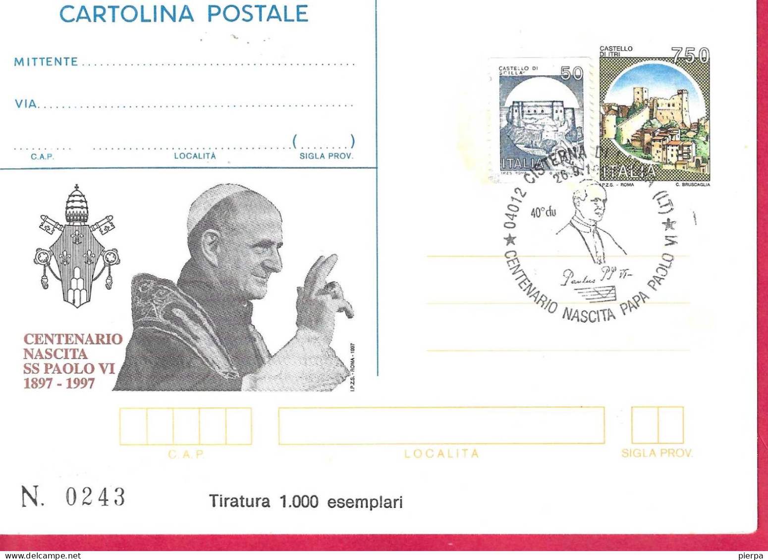 REPIQUAGE - ANNULLO SPECIALE "CISTERNA DI LATINA (LT)*26.9.1997*/CENTENARIO NASCITA PAPA PAOLO VI - Ganzsachen