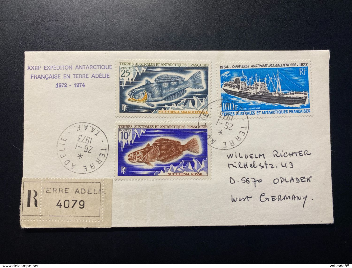 Lettre "35-37-PA29" 26/01/1973 - TAAF - Terre Adélie - Poissons - Bateaux - Galliéni - Brieven En Documenten