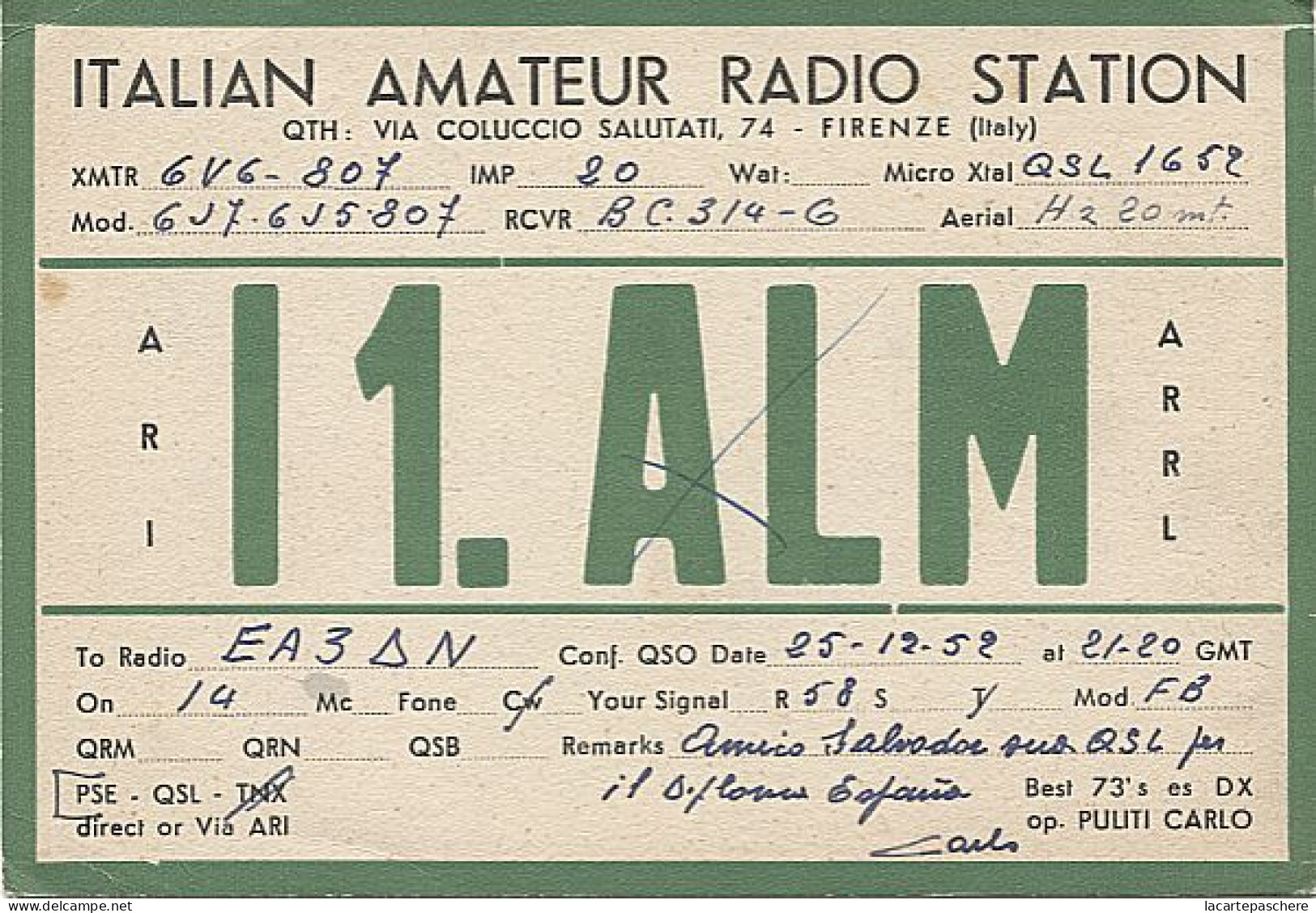 X120939 CARTE QSL RADIO AMATEUR I1.ALM ITALIE ITALY ITALIA TOSCANE TOSCANA FLORENCE FIRENZE EN 1952 - Radio Amatoriale