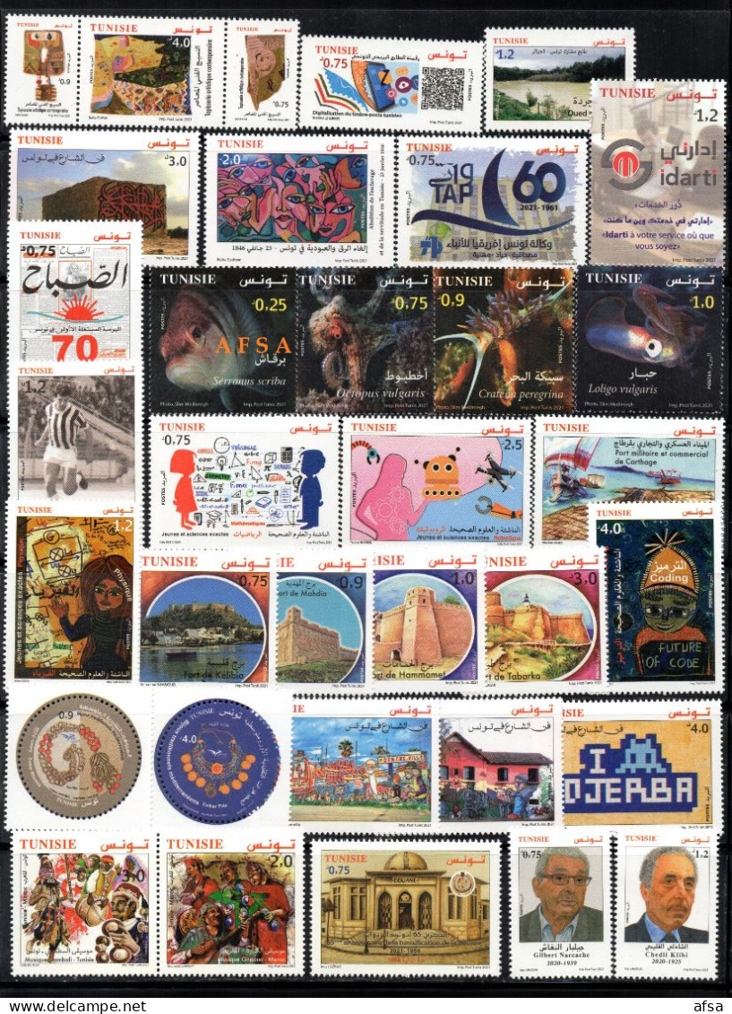 Tunisia Full Year 2021 MNH** 34 Stamps +1 Mini Sheet+1 Fishes Full Sheet (3 Scans) - Lots & Kiloware (mixtures) - Max. 999 Stamps