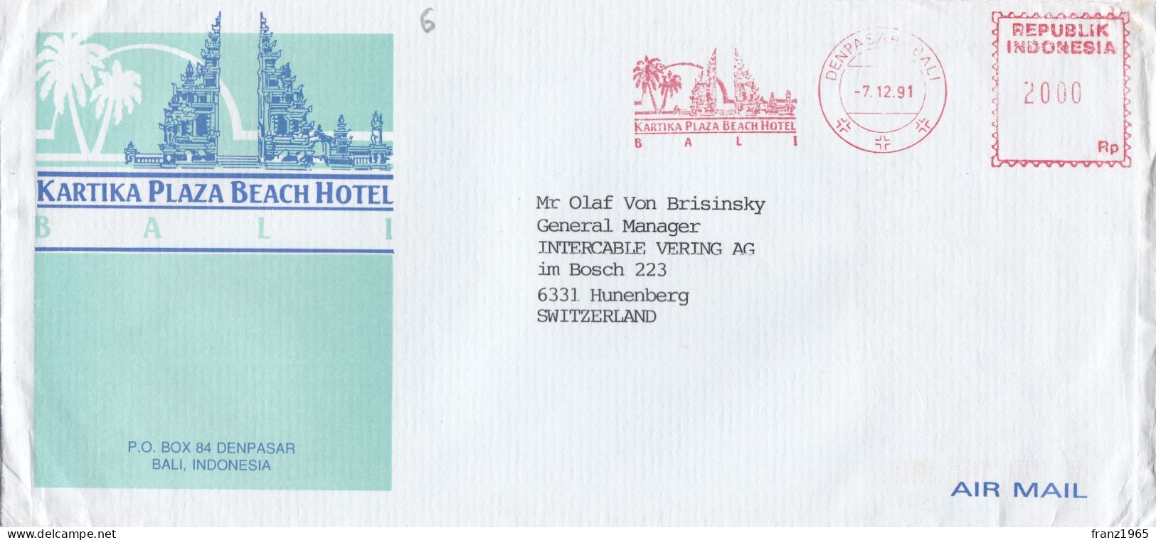 From Indonesia To Swiss - 1991 - Kartika Plaza Beach Hotel - Bali - Indonésie
