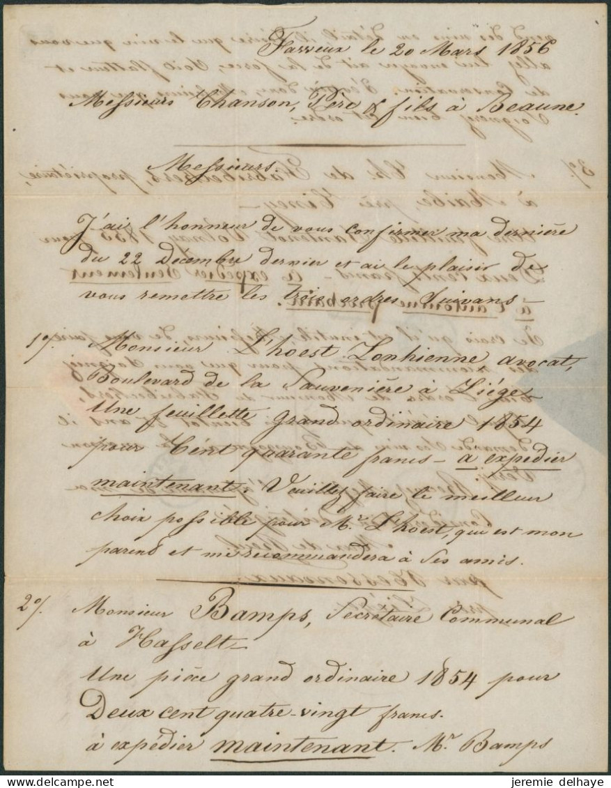 LAC Non Affranchie Obl DC "Nessonvaux" (1856, Manusc. Faweux), Port "4" > Beaune (France) + Passage "Belg. 5 Valencienne - Landpost (Ruralpost)