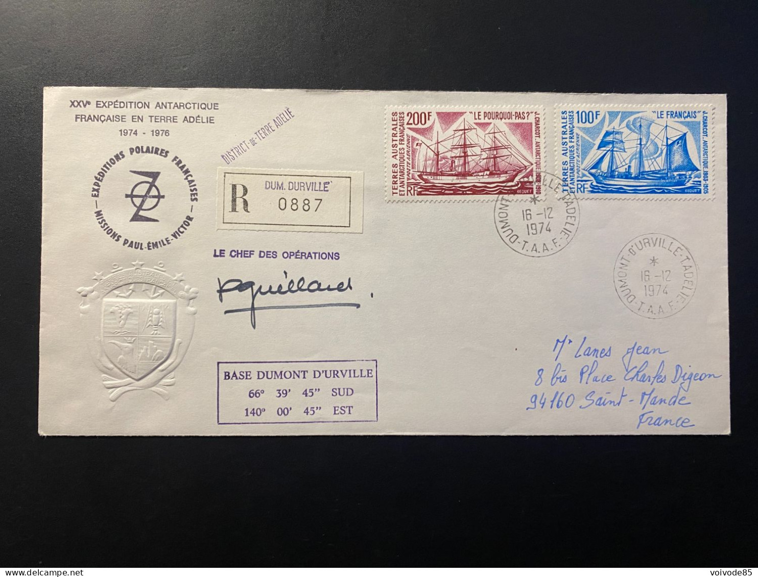 Lettre "Bateaux D'Expéditions Antarctiques De J. Charcot" 16/12/1974 - PA38/39 - TAAF - Terre Adélie - Brieven En Documenten