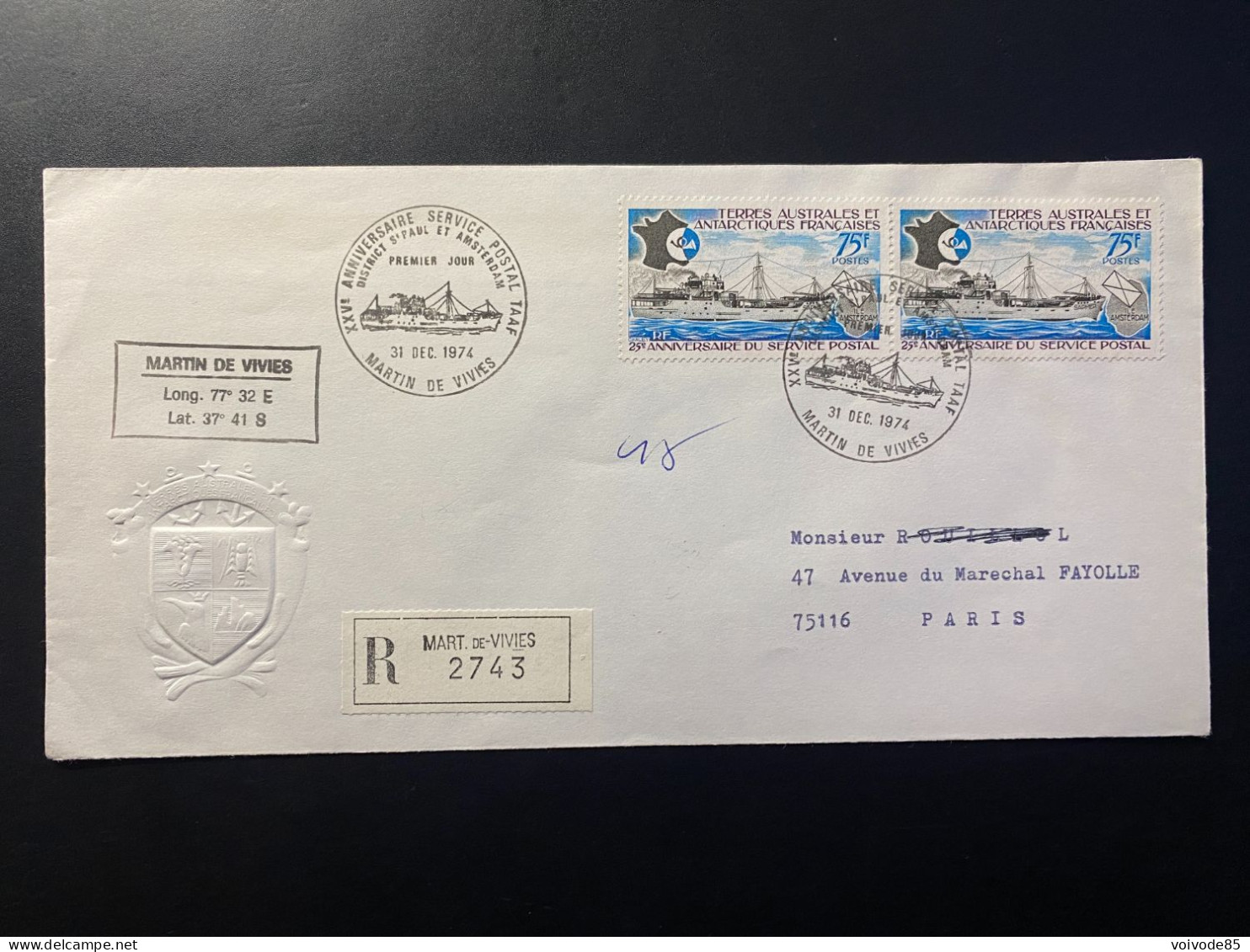 Lettre "25e Anniversaire Du Service Postal" 31/12/1974 - 54 - TAAF - Saint Paul Et Amsterdam - Bateaux - Brieven En Documenten