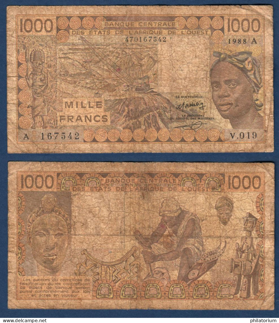 1000 Francs CFA, 1988 A, Côte D' Ivoire, V.019, A 167542, Oberthur, P#_07, Banque Centrale États De L'Afrique De L'Ouest - West African States
