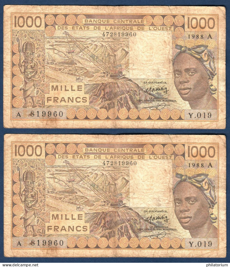 1000 Francs CFA, 1988 A, Côte D' Ivoire, Y.019, A 819960, Oberthur, P#_07, Banque Centrale États De L'Afrique De L'Ouest - West-Afrikaanse Staten