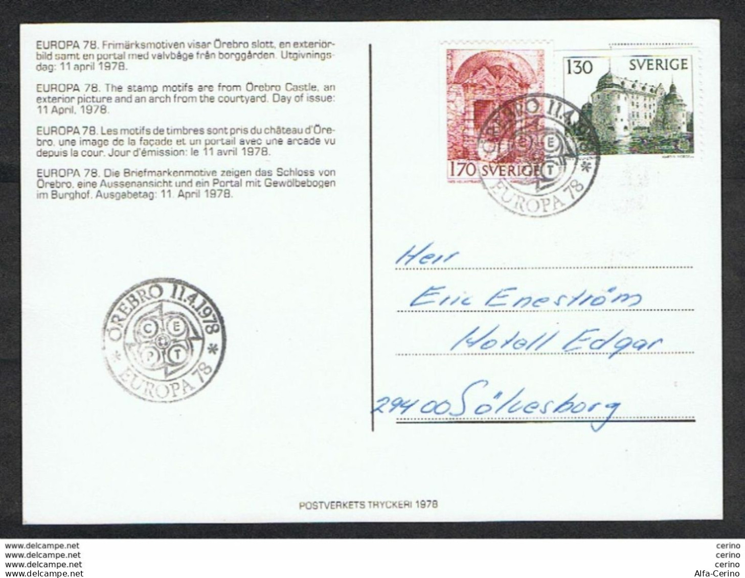 SWEDEN: 1978 OFFICIAL POSTCARD PRO EUROPA WITH 1 K.30 + 1 K.70 (996 + 997) - TO SOLVESBORG - Lettres & Documents