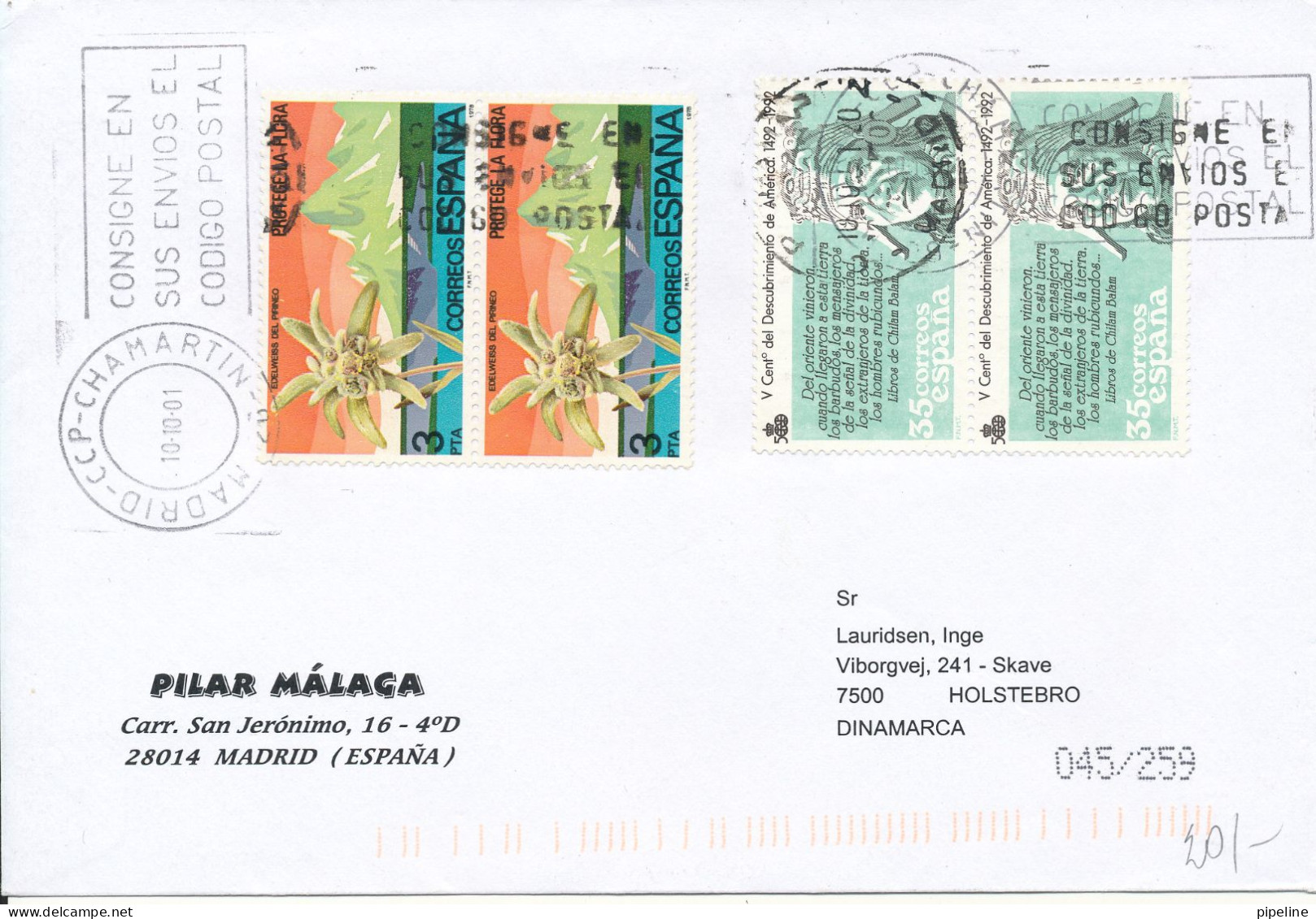 Spain Cover Sent To Denmark 1-10-2001 - Lettres & Documents