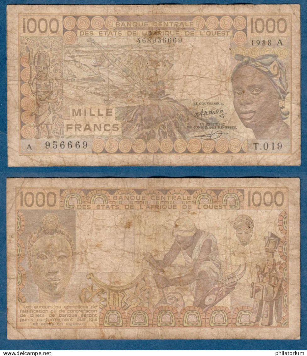 1000 Francs CFA, 1988 A, Côte D' Ivoire, T.019, A 956669, Oberthur, P#_07, Banque Centrale États De L'Afrique De L'Ouest - West-Afrikaanse Staten