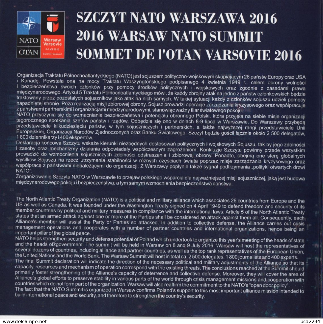 POLAND 2016 POLISH POST SPECIAL LIMITED EDITION FOLDER: WARSAW NATO SUMMIT NHM & FDC & SPECIAL ENVELOPE - FDC