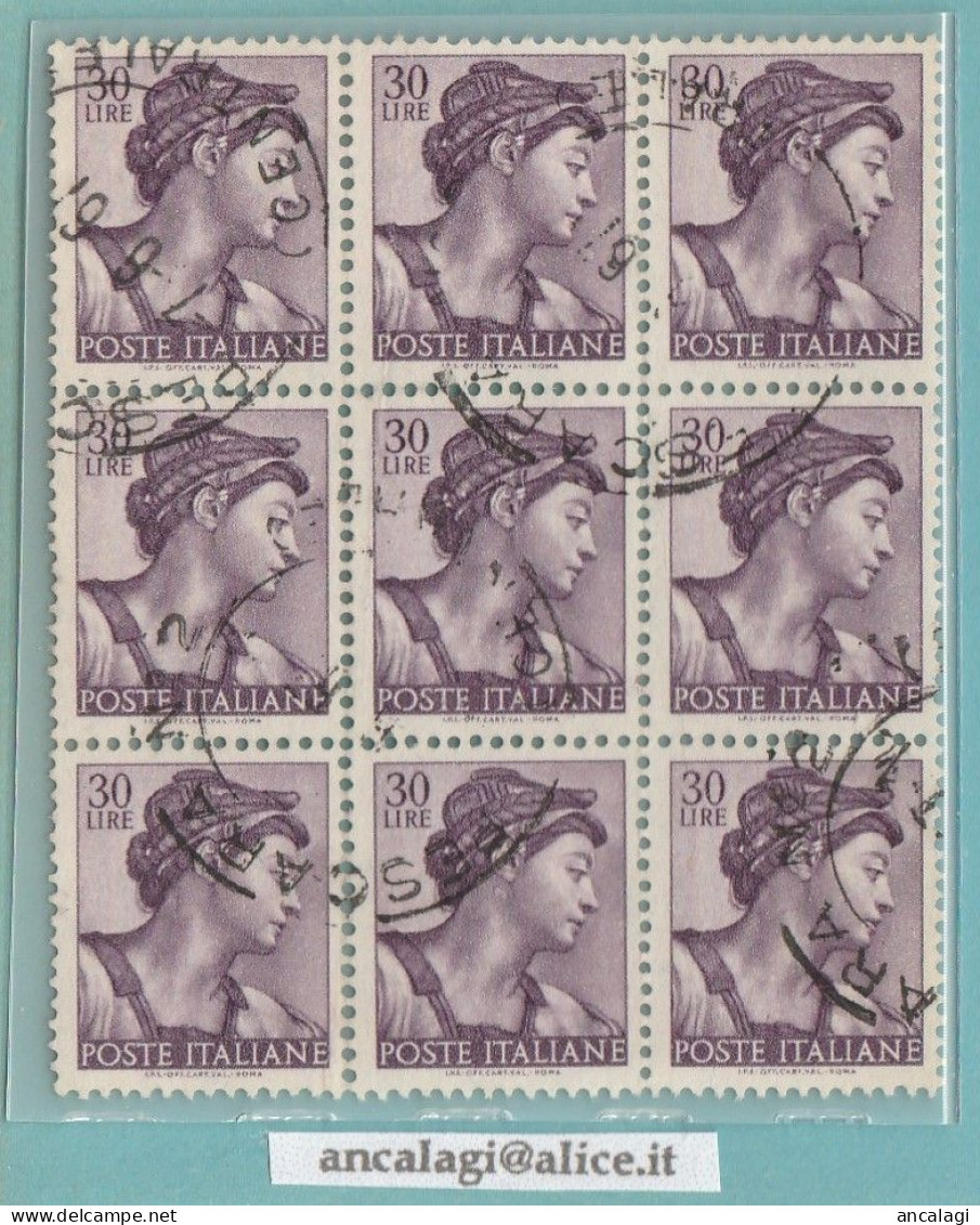 USATI ITALIA 1961 - Ref.0144A "MICHELANGOLESCA" Blocco Di 9 Val. Da Lire 30 - - 1961-70: Afgestempeld