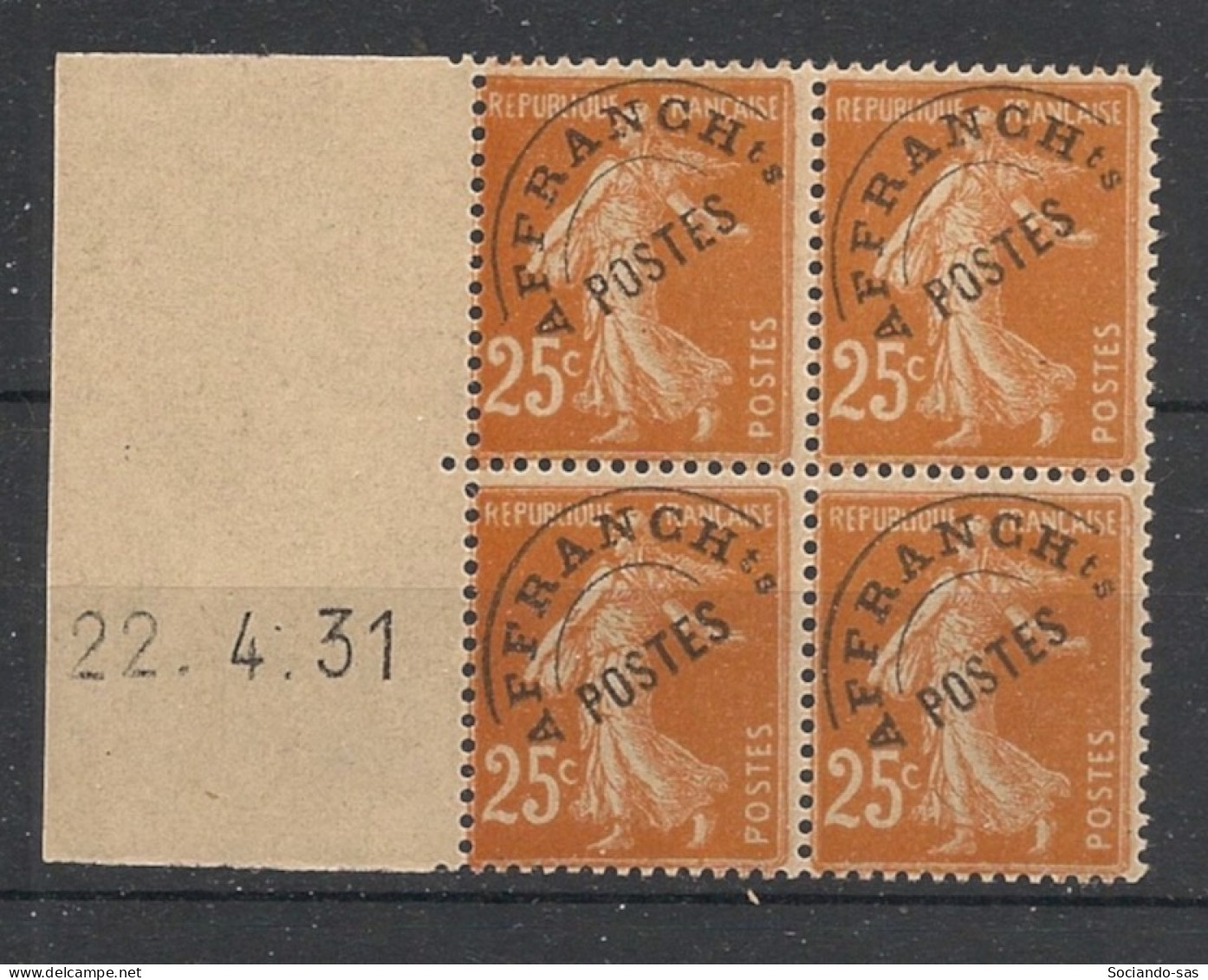 FRANCE - 1927 - Préo N°YT. 57 - Type Semeuse Camée 25c Jaune-brun - Bloc De 4 Coin Daté - Neuf Luxe ** / MNH - Vorausentwertungen