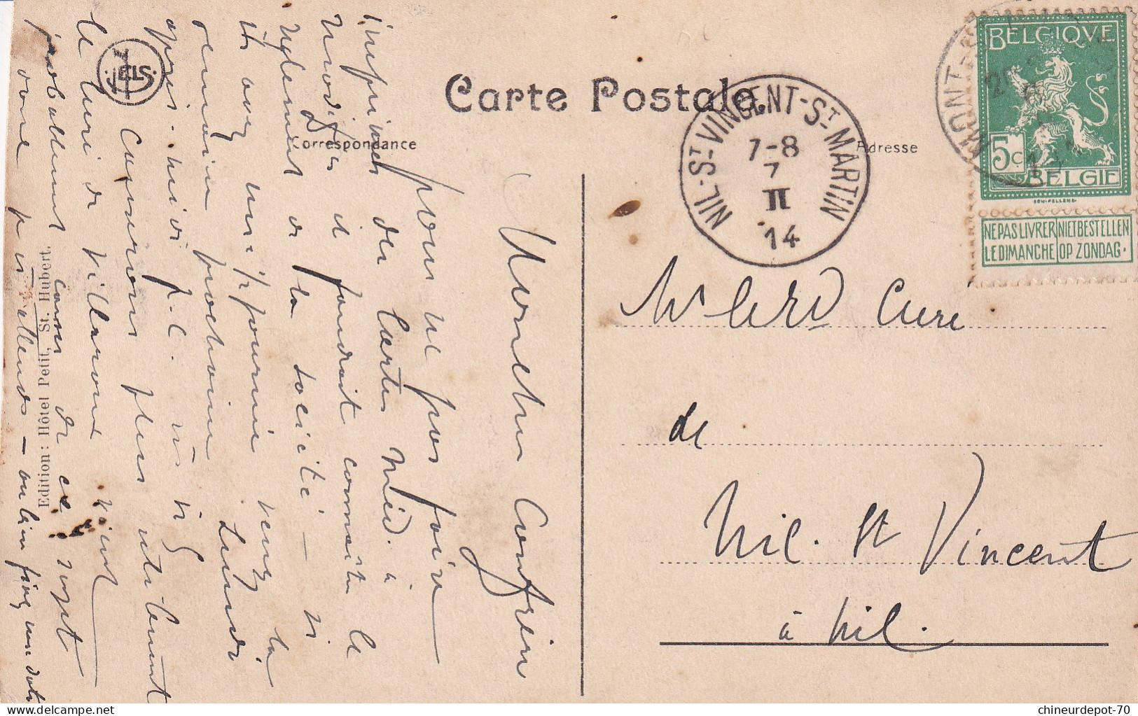 Lion Pellens Cachet Nil St Vincent St Martin 7-8 II 1914 SIMPLE CERCLE PERIODE 1ER GUERRE - 1912 Pellens