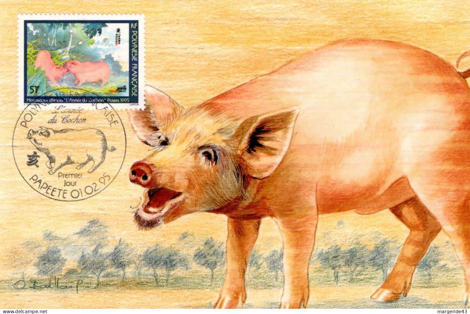 POLYNESIE CARTE MAXIMUM 1995 HOROSCOPE CHINOIS - ANNEE DU COCHON - Maximumkarten