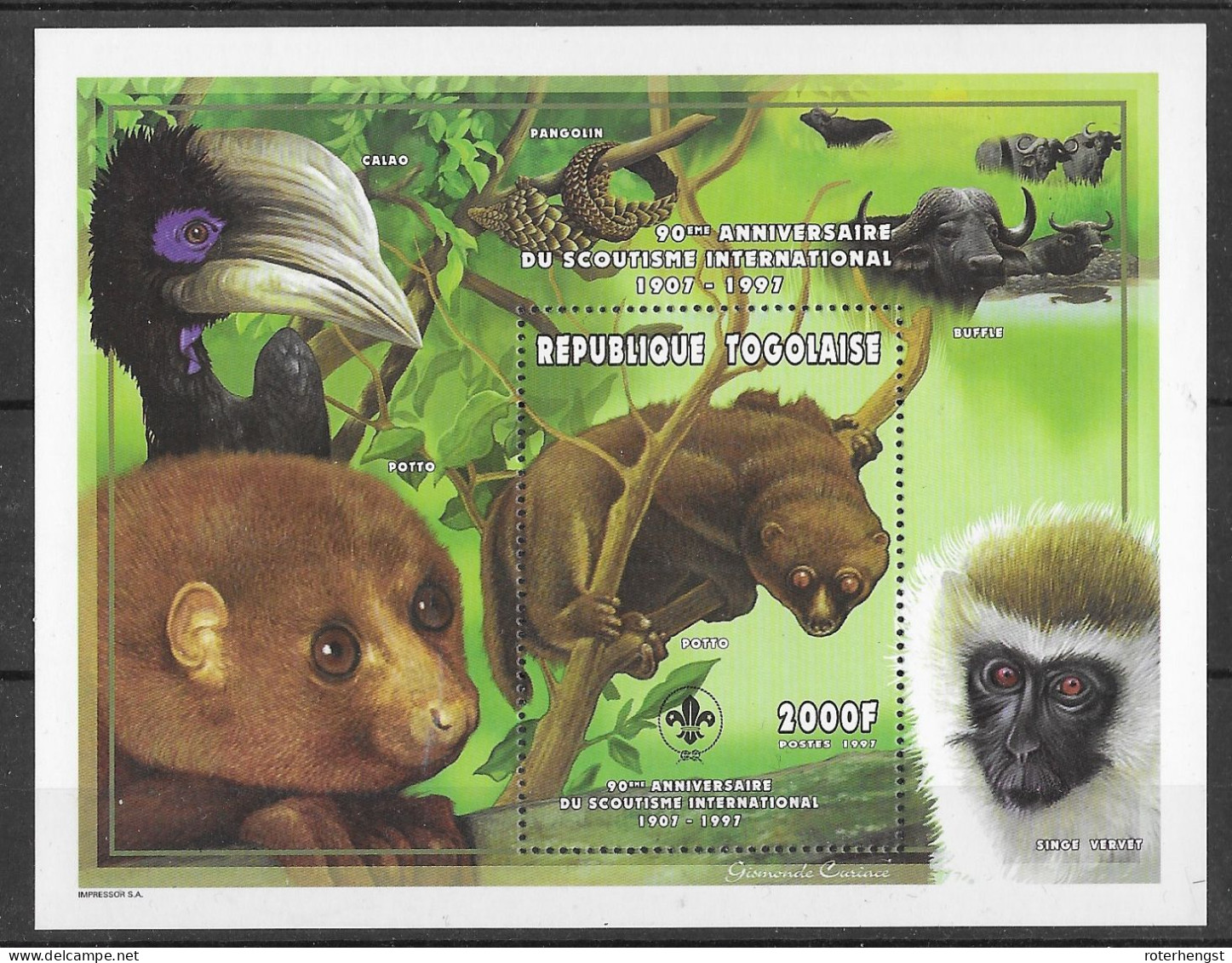 Togo Sheet Potto Ape Monkey  Mnh ** 8,5 Euros 1997 - Togo (1960-...)