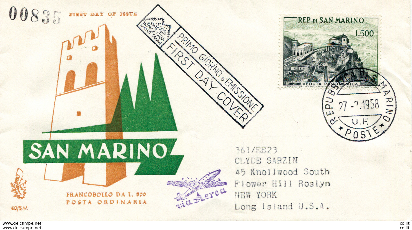 San Marino - Veduta' 58 Lire 500 Su FDC Venetia Via Aerea Per Gli USA, Senza Ann. Di Arrivo - FDC