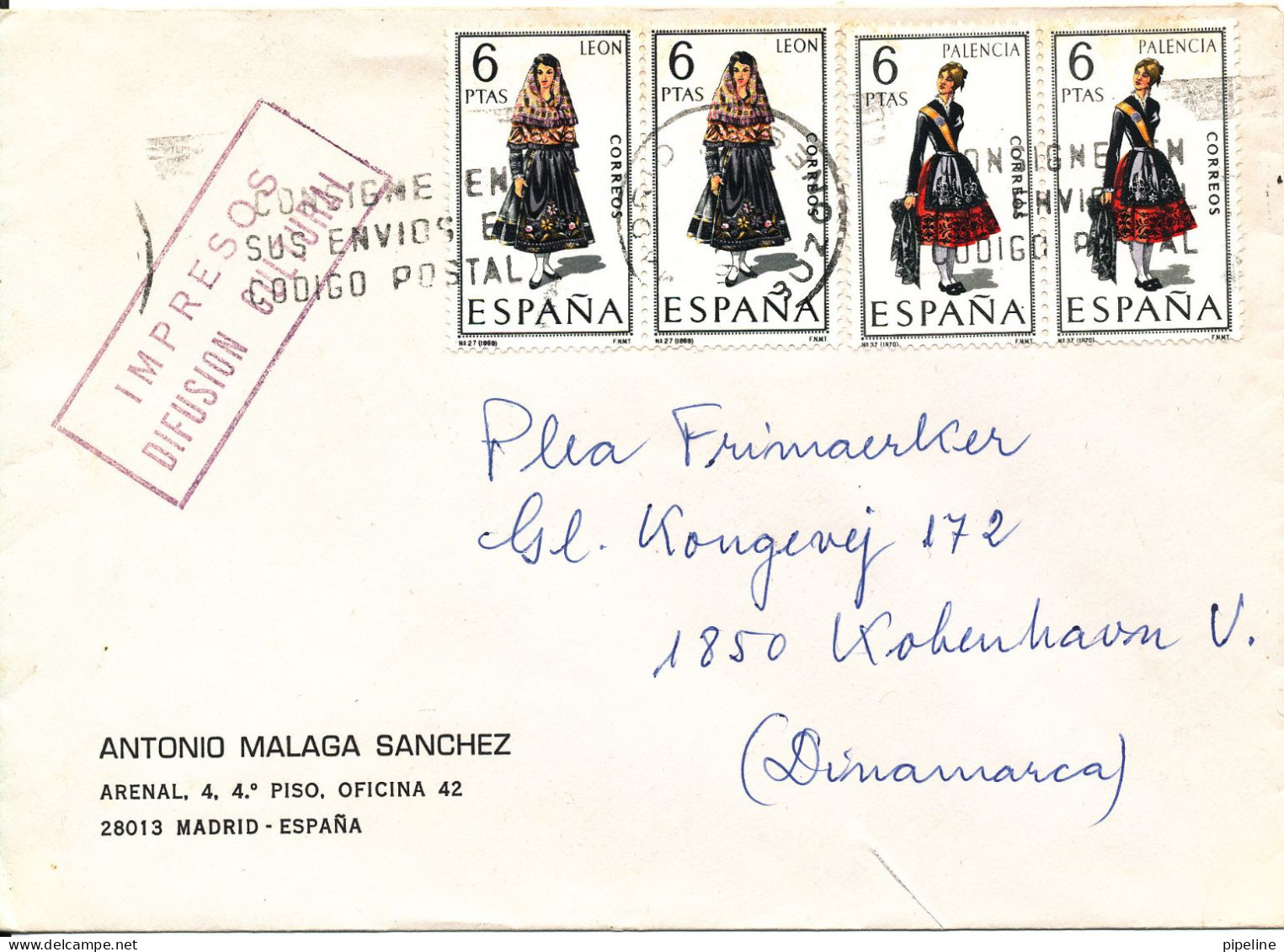 Spain Cover Sent To Denmark With Custom Stamps Leon & Palencia There Is A Tear At The Bottom Of The Cover - Storia Postale