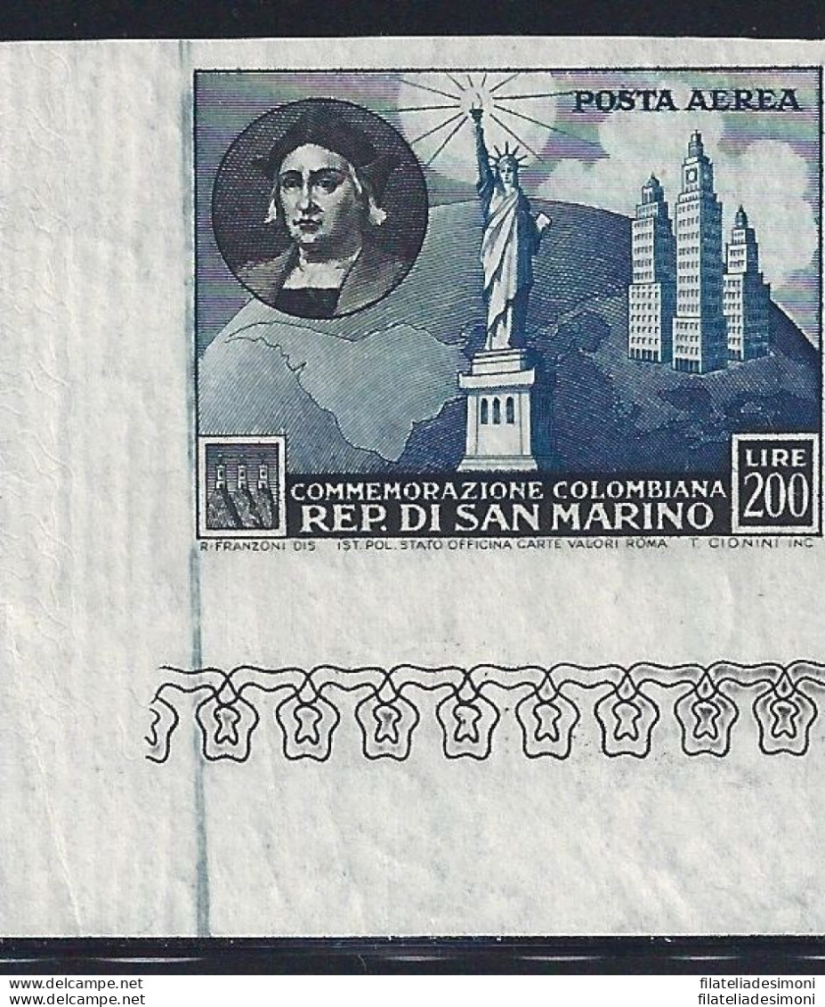 1952 SAN MARINO, Posta Aerea , N° 101c ,  Colombo MNH** NON DENTELLATO ADF - Variedades Y Curiosidades