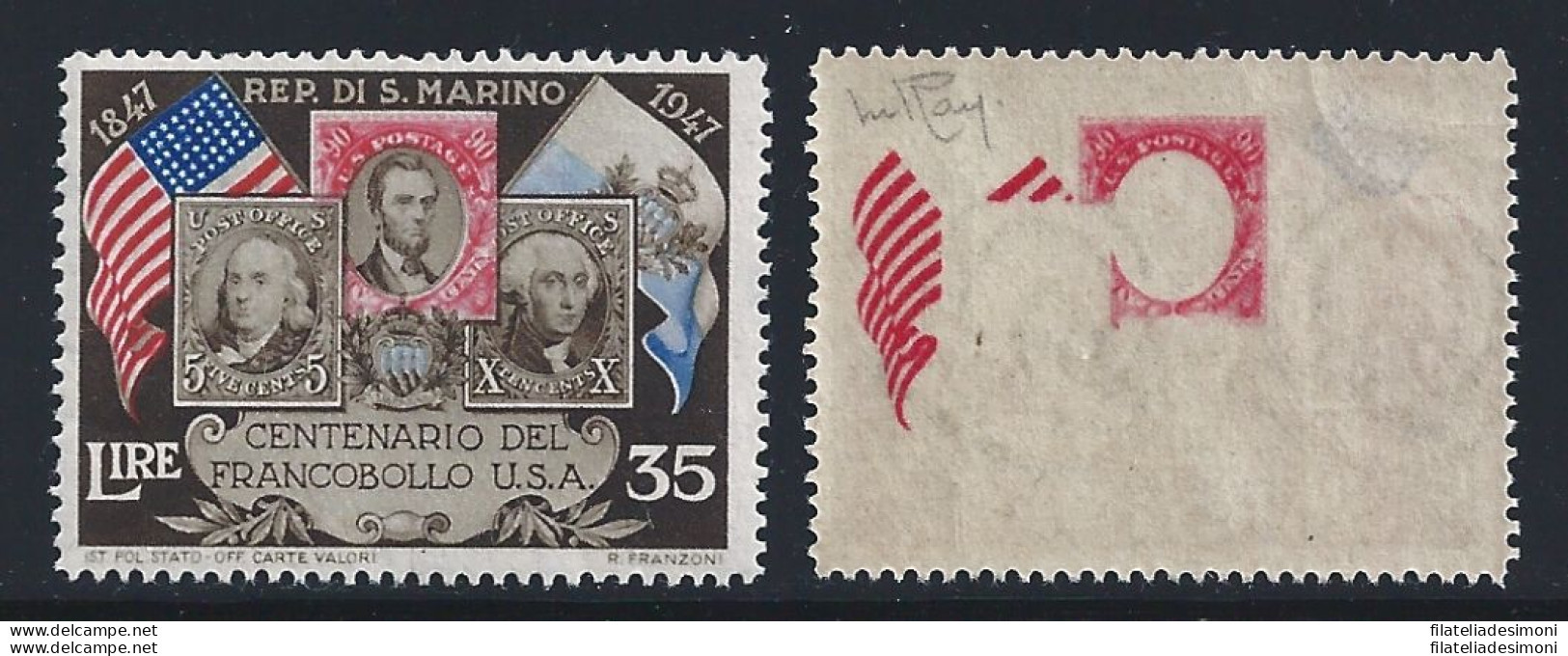 1947 SAN MARINO, Primo Francobollo USA , N° 334fa 35 Lire MNH/**  RARA VARIETA' - Errors, Freaks & Oddities (EFO)