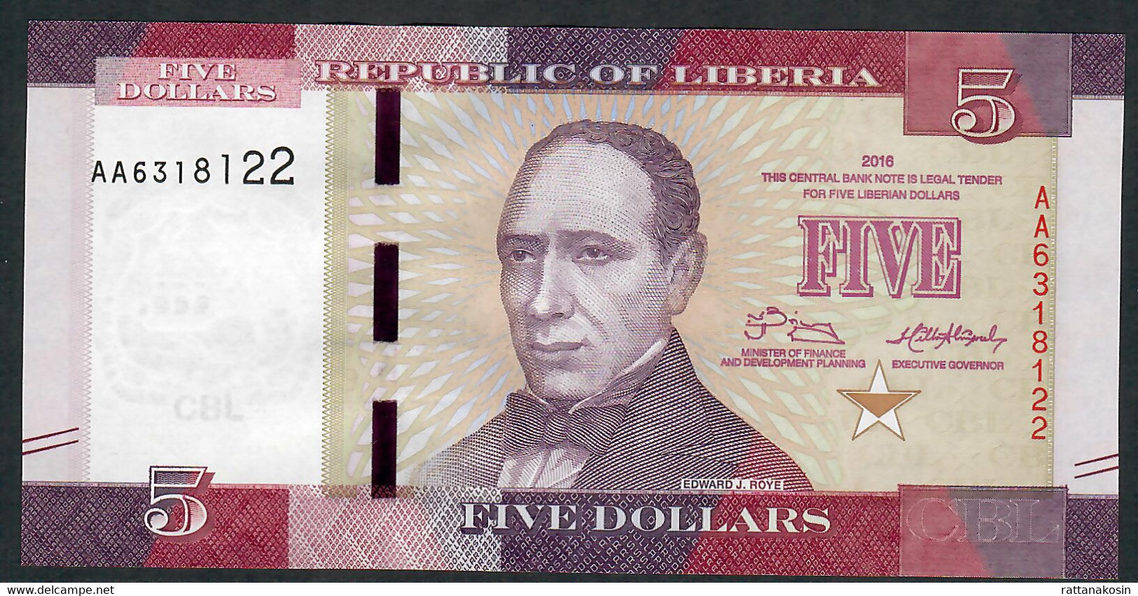 LIBERIA  P31 5 DOLLARS 2016 #AA UNC. - Liberia