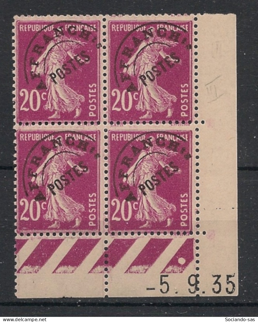 FRANCE - 1924 - Préo N°YT. 55 - Type Semeuse Camée 20c Lilas - Bloc De 4 Coin Daté - Neuf Luxe ** / MNH - Voorafgestempeld