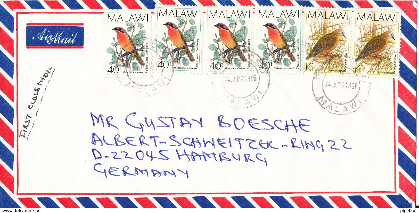 Malawi Air Mail Cover Sent To Germany 24-4-1996 BIRD Stamps - Malawi (1964-...)