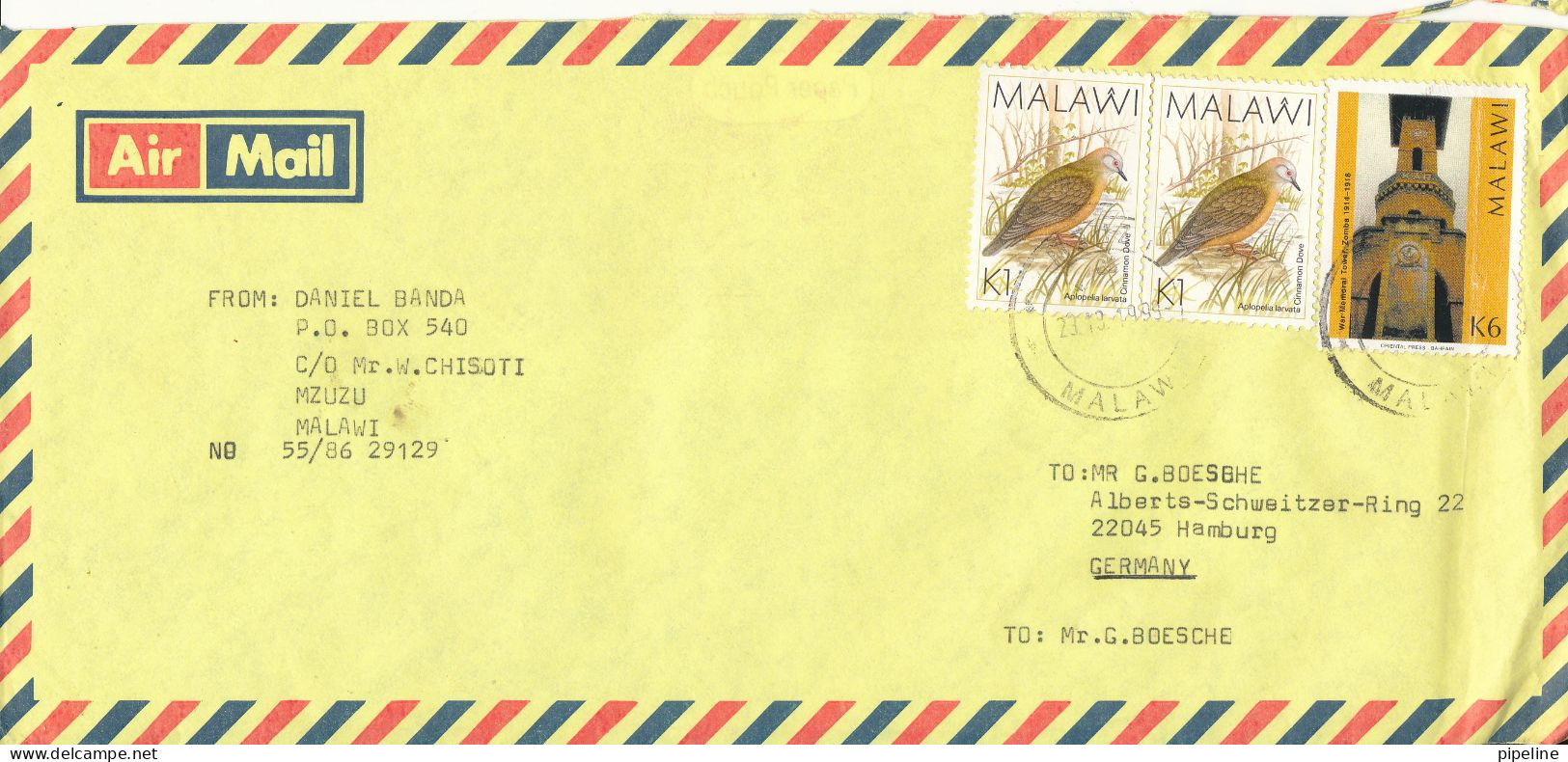 Malawi Air Mail Cover Sent To Germany 23-10-1999 BIRD Stamps - Malawi (1964-...)