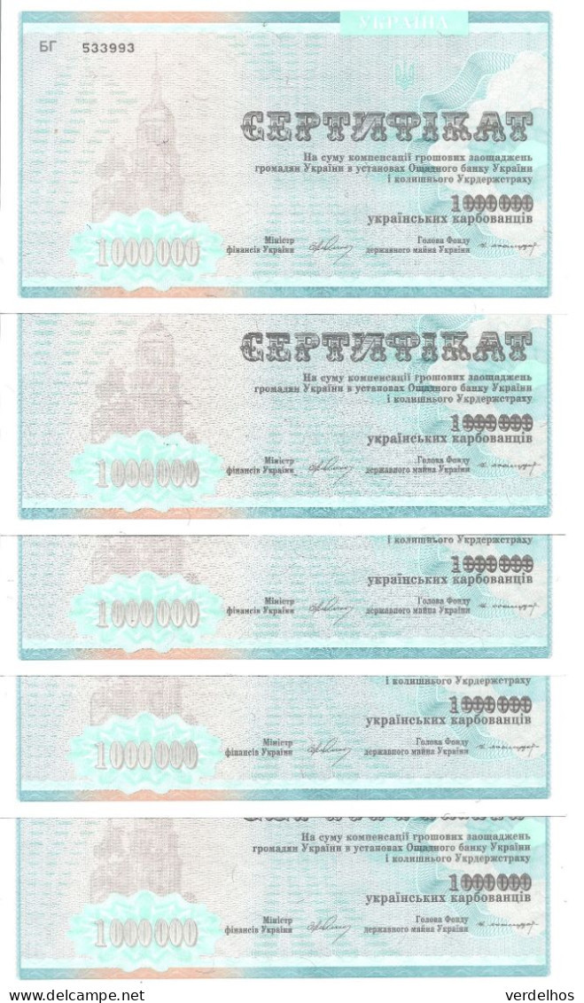 UKRAINE 1 MILLION KARBOVANTSIV 1992 UNC P 91A ( 5 Billets ) - Ukraine