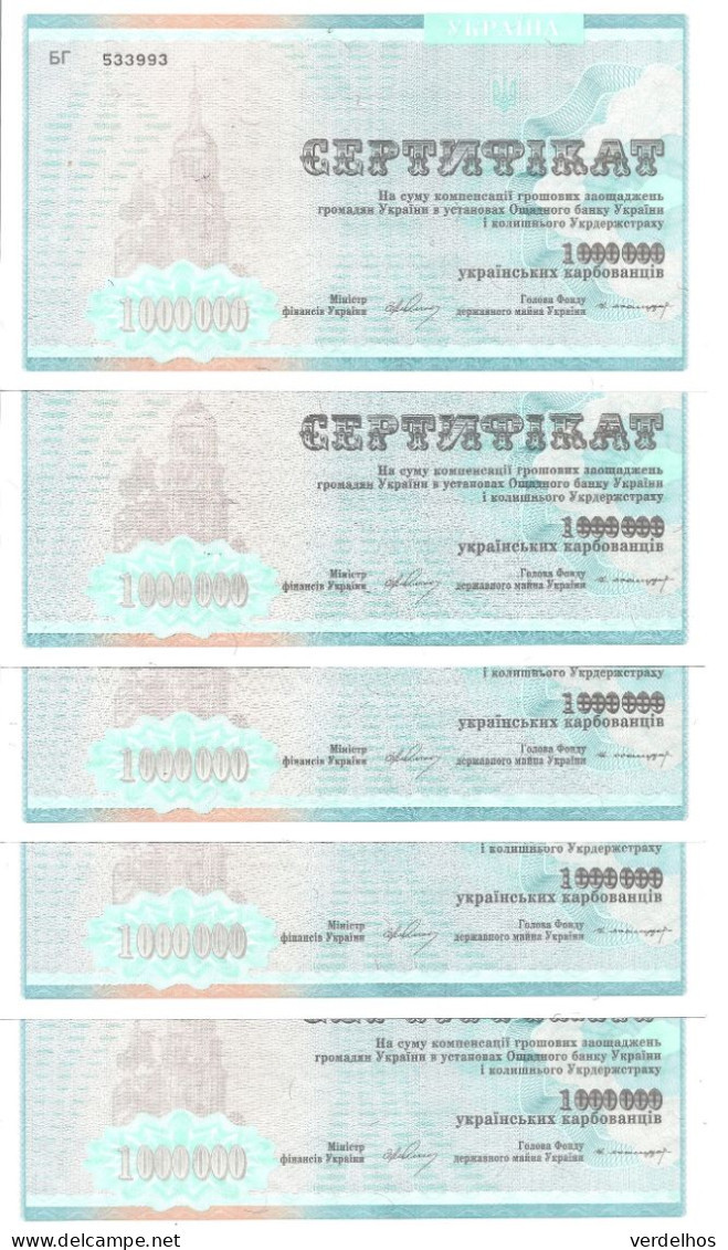 UKRAINE 1 MILLION KARBOVANTSIV 1992 UNC P 91A ( 5 Billets ) - Ucraina