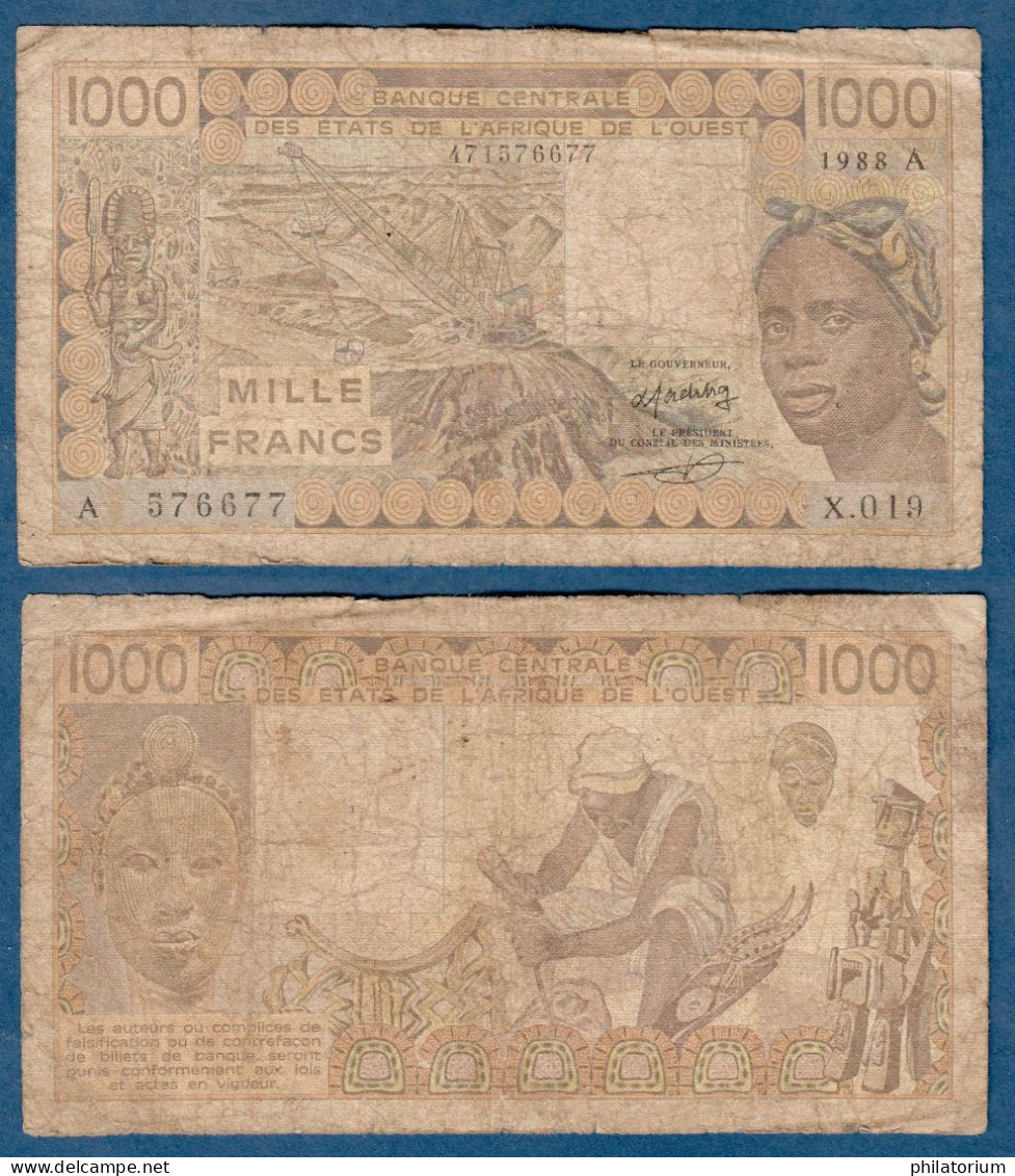 1000 Francs CFA, 1988 A, Côte D' Ivoire, X.019, A 576677, Oberthur, P#_07, Banque Centrale États De L'Afrique De L'Ouest - West-Afrikaanse Staten