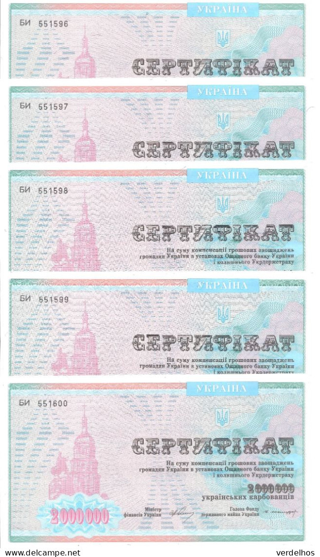 UKRAINE 2 MILLION KARBOVANTSIV 1992 UNC P 91B ( 5 Billets ) - Oekraïne