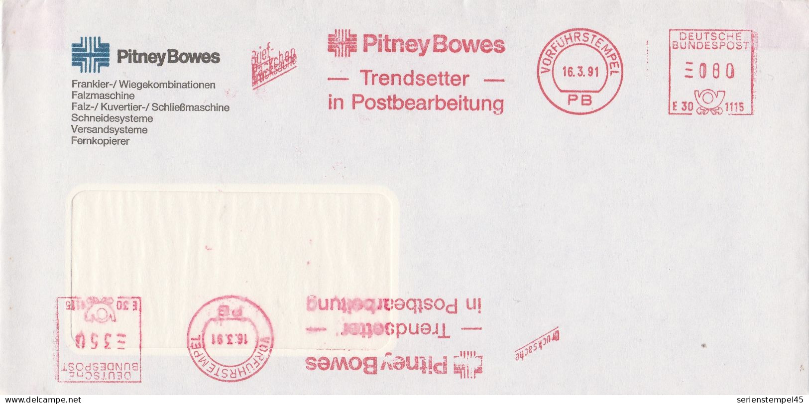 Bund Brief Mit Freistempel Rot Vorführstempel 1991 Pitney Bowes E30 1115 - Franking Machines (EMA)