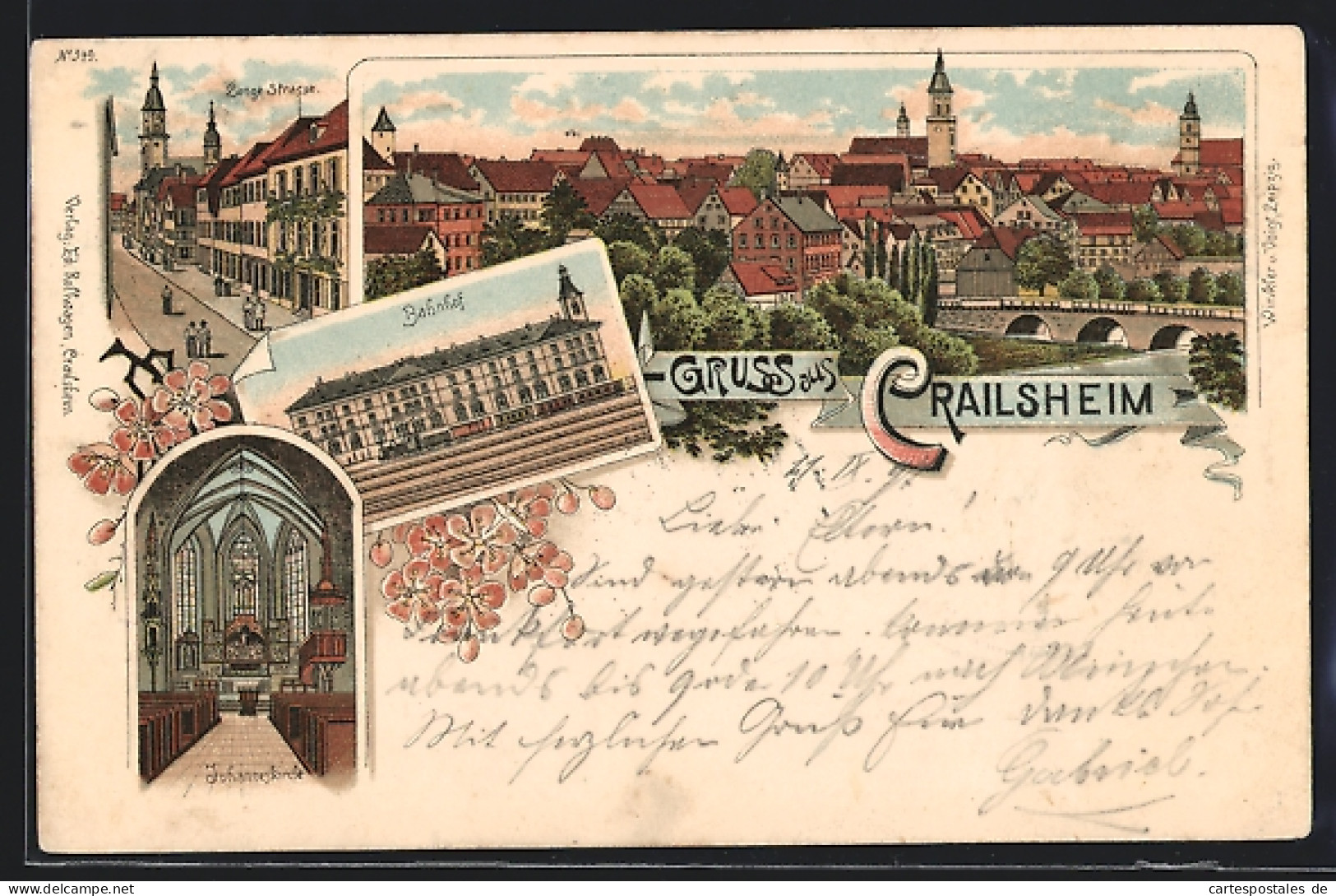 Lithographie Crailsheim, Lange Strasse, Johanneskirche, Bahnhof, Totalansicht  - Crailsheim