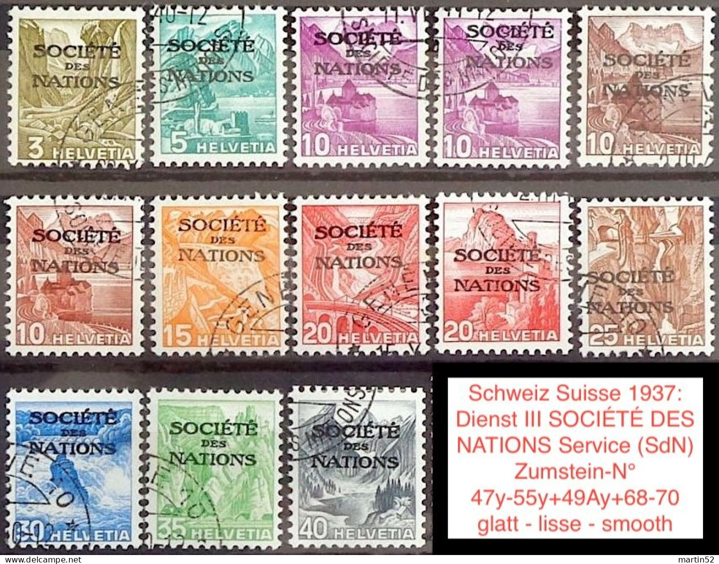 Schweiz Suisse 1937/43: Dienst III "SOCIÉTÉ DES NATIONS" Service (SdN) Zu+Mi 47y-55y+49Ay+68-70 ⊙ GENÈVE (Zu CHF 30.00) - Officials