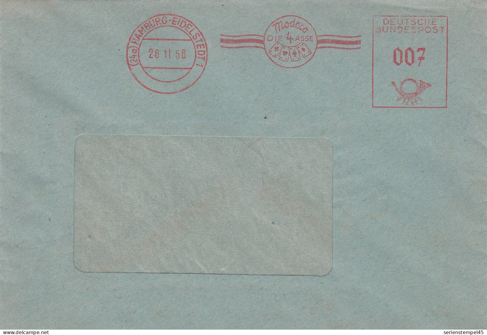 Bund Brief Mit Freistempel Rot Mit Motiv Kartenspiel Hamburg Eidelstedt 1958 Modeco Die 4 Asse - Ohne Zuordnung