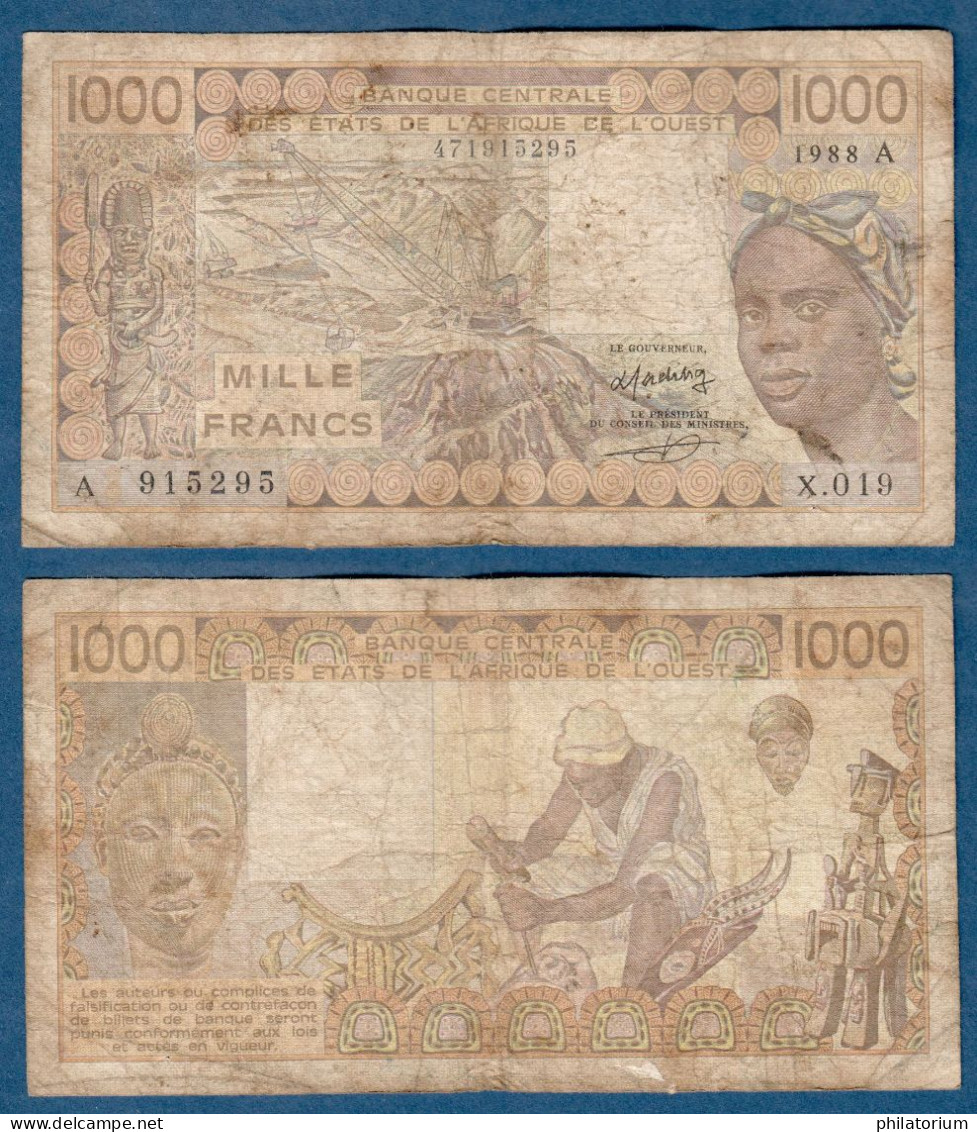 1000 Francs CFA, 1988 A, Côte D' Ivoire, X.019, A 915295, Oberthur, P#_07, Banque Centrale États De L'Afrique De L'Ouest - West African States