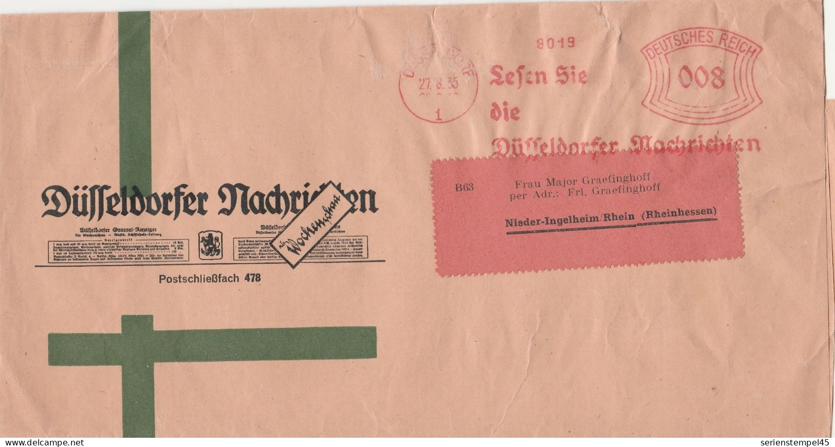 Deutsches Reich Brief Mit Freistempel Düsseldorf 1935 Düsseldorfer Nachrichten Nach Nieder Ingelheim - Macchine Per Obliterare (EMA)