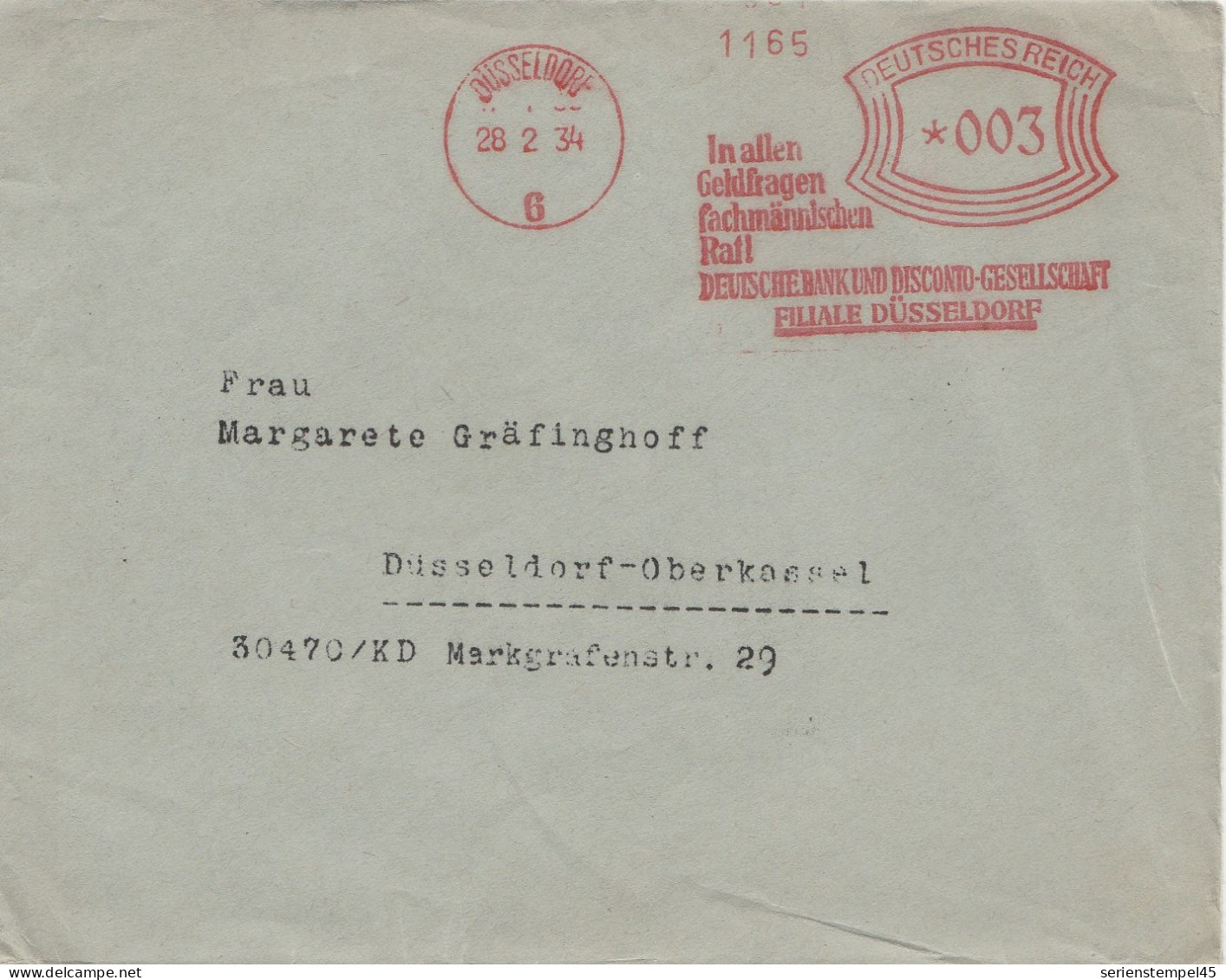 Deutsches Reich Brief Mit Freistempel Düsseldorf 1934 Deutsche Bank Filiale Düsseldorf Ortbrief - Macchine Per Obliterare (EMA)