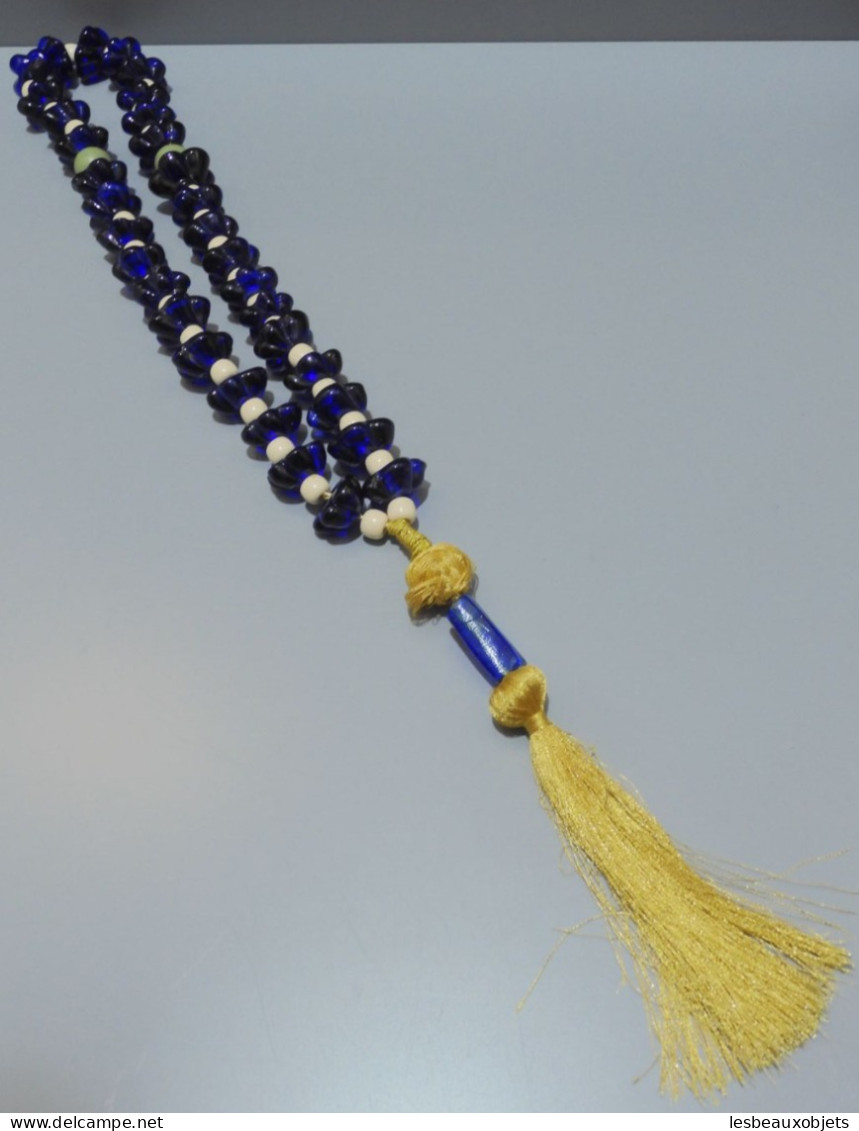 -ANCIEN CHAPELET MUSULMAN TASBIH FLEURS BLEUES VERRE & Boules Blanches Vertes      E - Religious Art