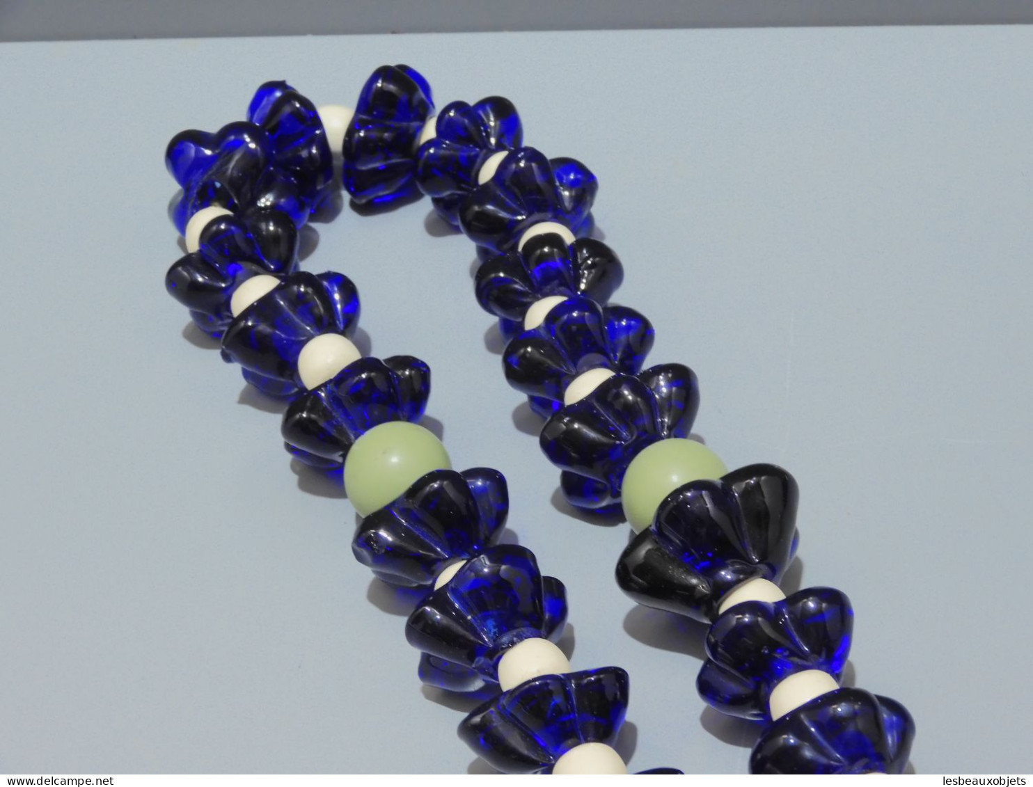 -ANCIEN CHAPELET MUSULMAN TASBIH FLEURS BLEUES VERRE & Boules Blanches Vertes      E - Arte Religiosa