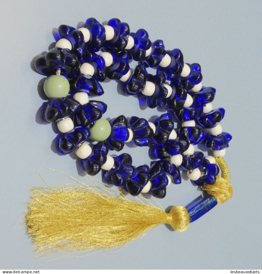 -ANCIEN CHAPELET MUSULMAN TASBIH FLEURS BLEUES VERRE & Boules Blanches vertes      E