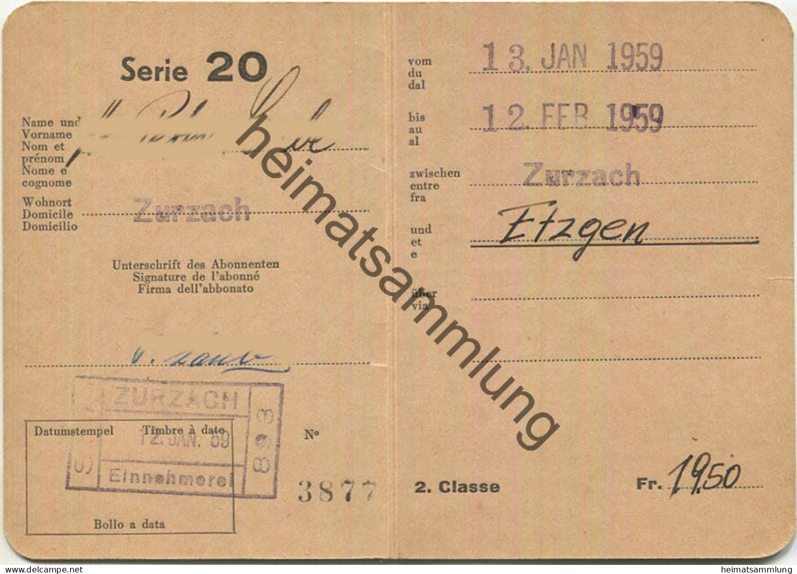 Schweiz - Persönliches Schüler- Und Lehrlingsabonnement - Serie 20 - Zurzach Etzgen - Fahrkarte 1959 - Europe