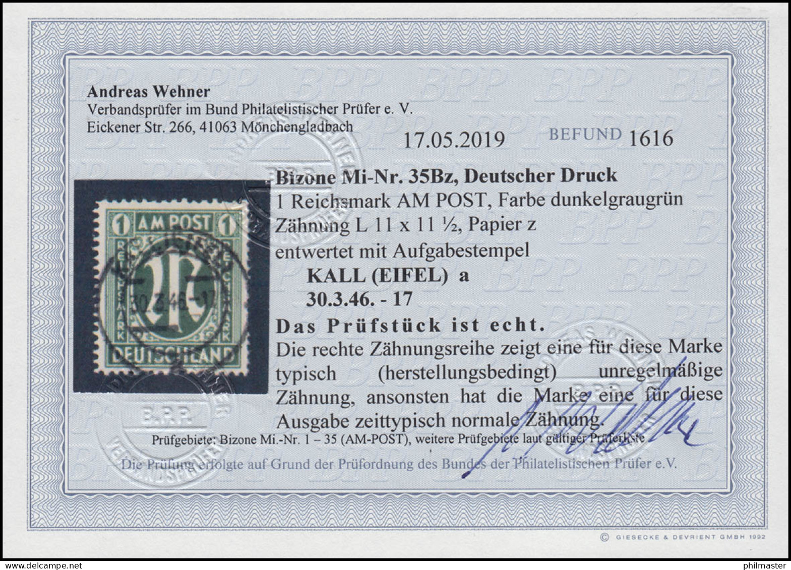 35 AM-Post 1 Reichsmark Mit Vollstempel Kall 30.3.46, Befund Wehner BPP - Usati