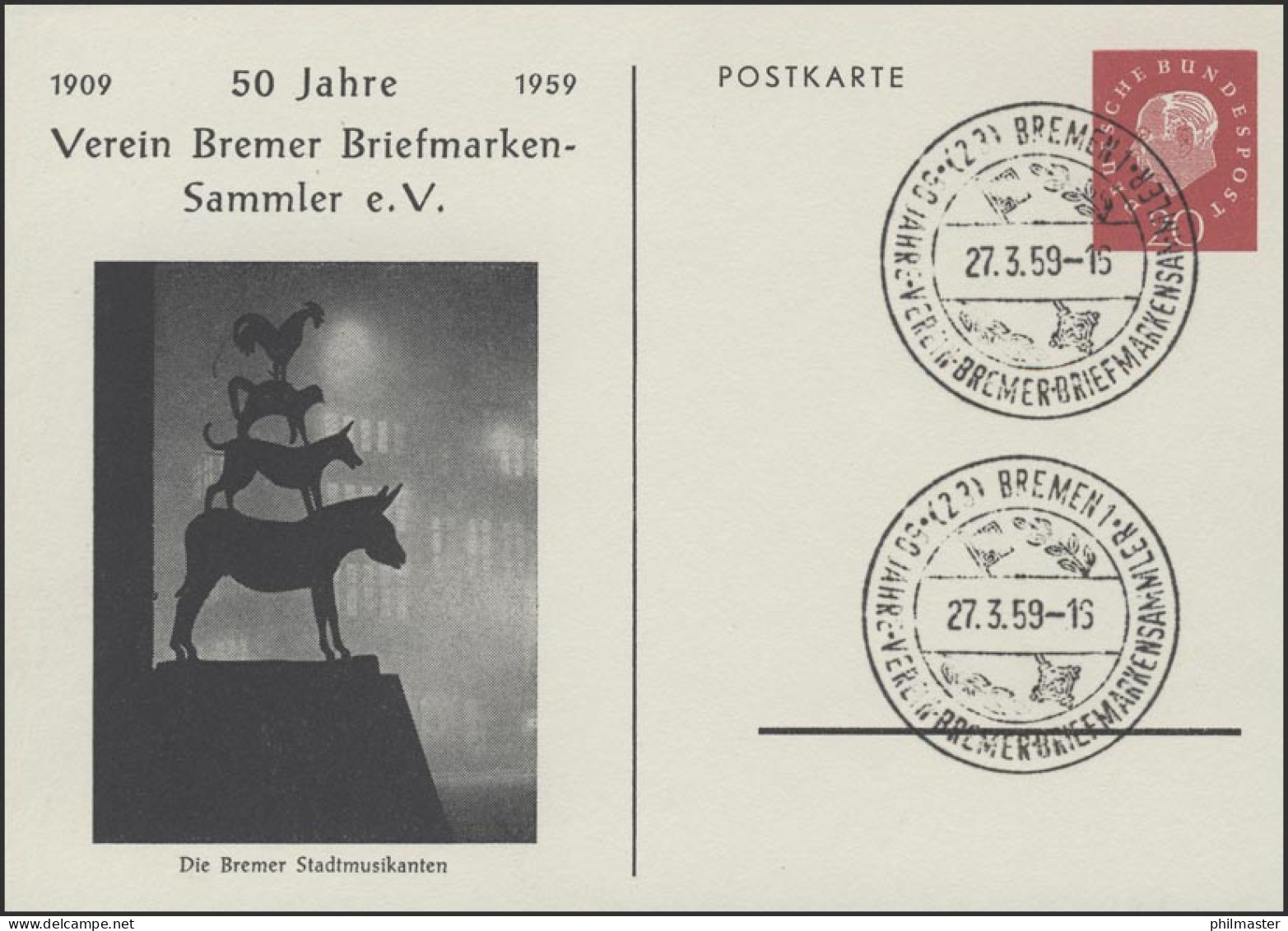 Pk 20 Pf Heuss Bremen Stadtmusikanten SSt 27.3.59 - Private Covers - Mint