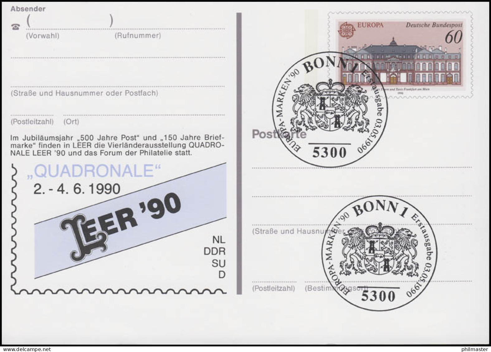 PSo 21 LEER 1990, ESSt Bonn 03.05.1990 - Cartes Postales - Neuves