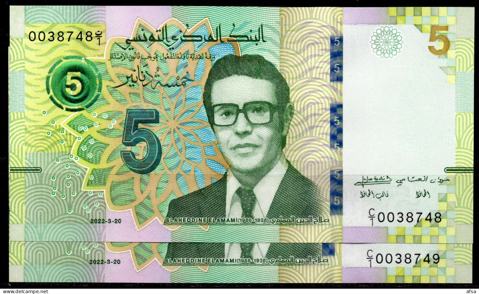 2 Banknotes Of 5 Dinars  2022 UNC**  // 2 Billets De 5 Dinars 2022 Neufs - Tunisie