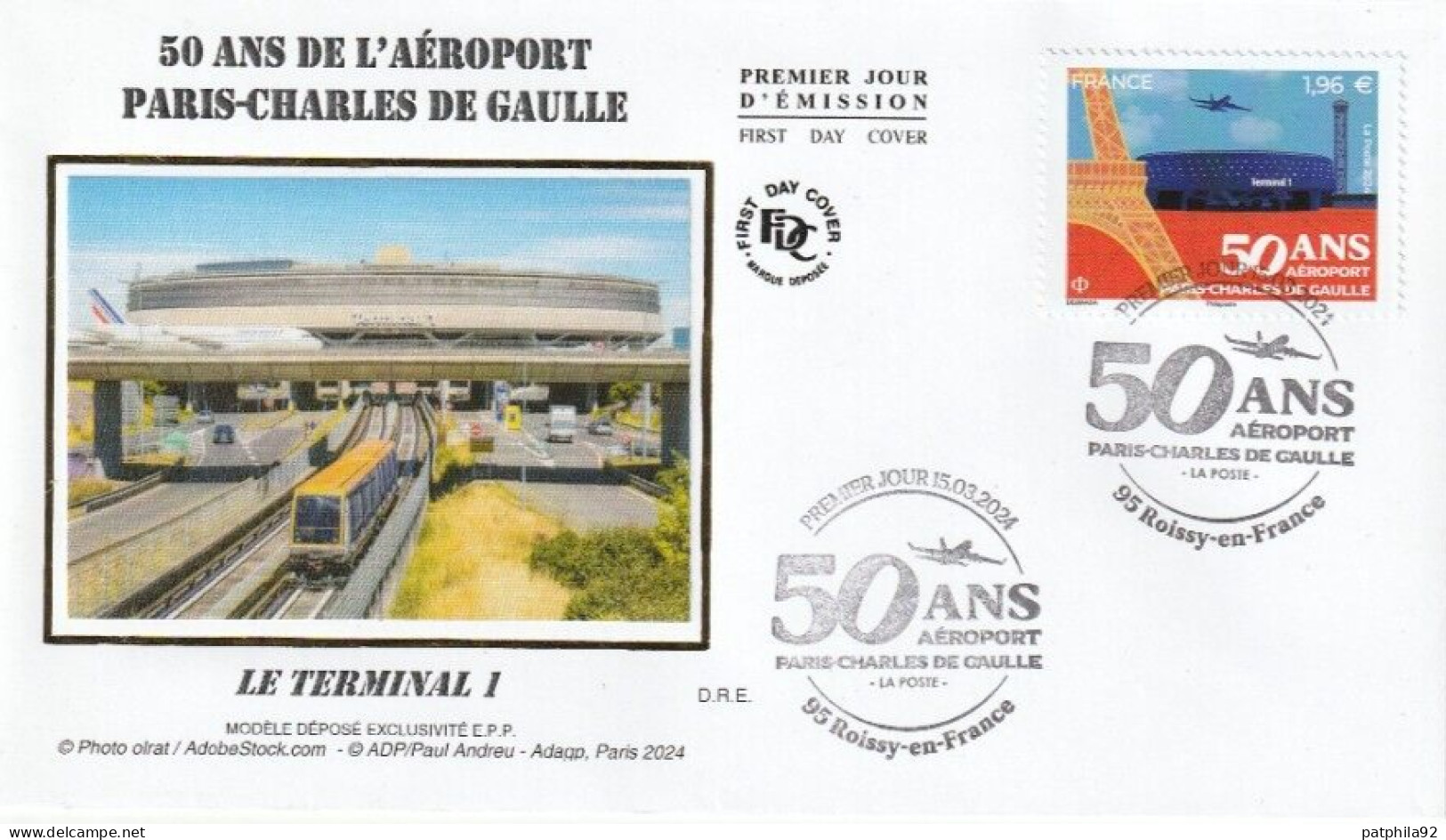 Fdc 2024_Envel. 1er Jour_fdc_soie_ 50 Ans De L'Aéroport Paris Charles-De-Gaulle. PJ 95 Roissy-en-France 15/03/24. - 2020-…