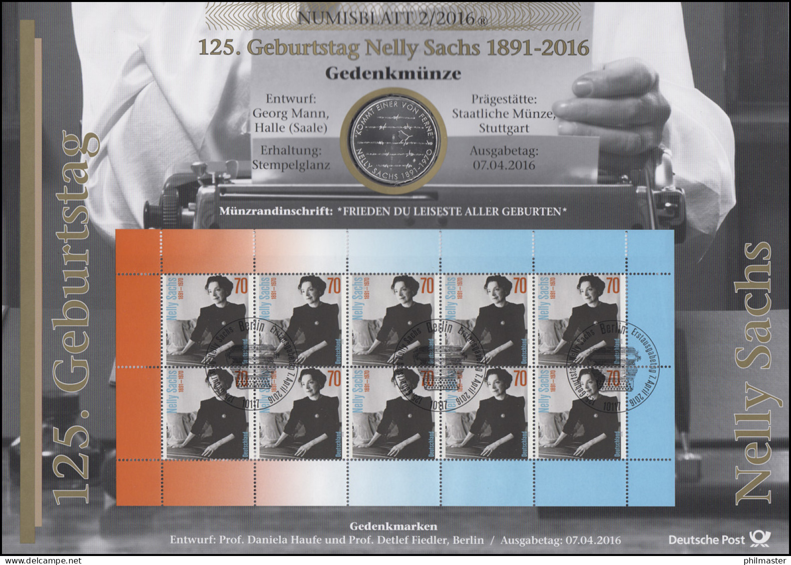 3230 125. Geburtstag Von Nobelpreisträgerin Nelly Sachs - Numisblatt 2/2016 - Numisbriefe