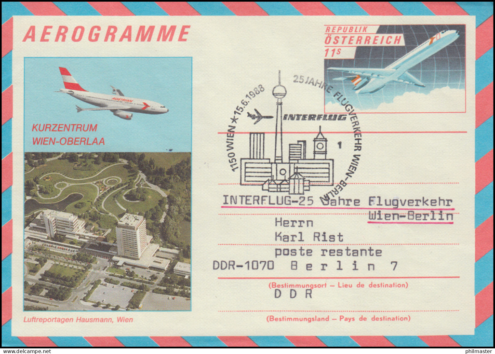 Österreich Aerogramme LF 22 SSt Sonderflug Wien-Berlin Mit INTERFLUG 15.6.1988 - Correo Aéreo